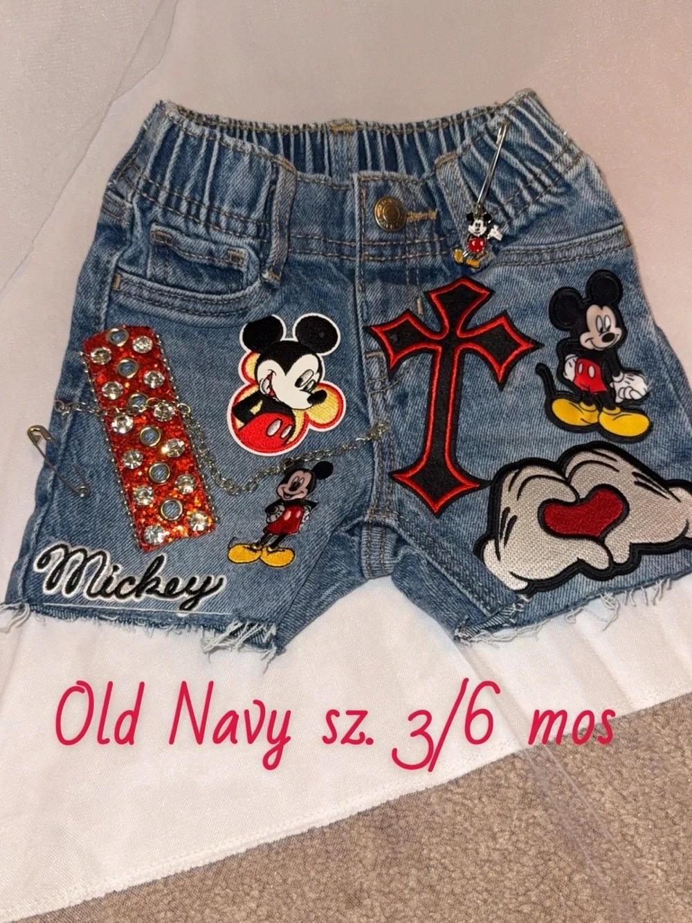 Old Navy Denim Mickey Patch Shorts in Blue with Red Accents Sz. 3/6 mos